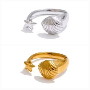 New FP 18k Gold Ss or Silver Ss Shell and Starfish Ring Adjustable